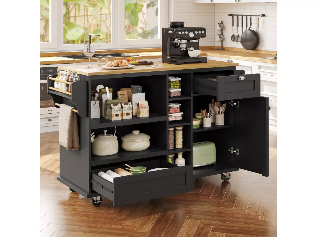Ilot central de cuisine mobile avec une porte, 2 tiroirs et étagères de rangement ouverts - 129 x 46 x 92 cm - Bois MDF - Noir