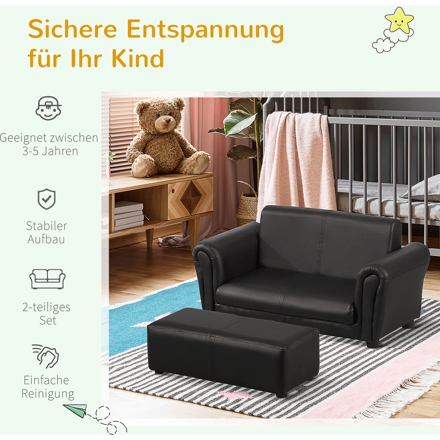 HOMCOM Kindersofa mit Hocker schwarz