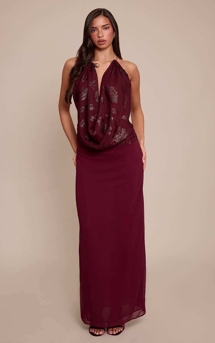 Rouge Vin Robe Maxi À Col Drapé Et Texture