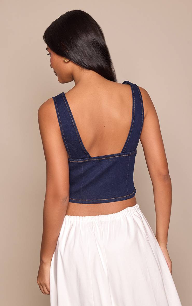 Bleu Indigo Haut En Denim Décolleté Avec Boutons Recouverts