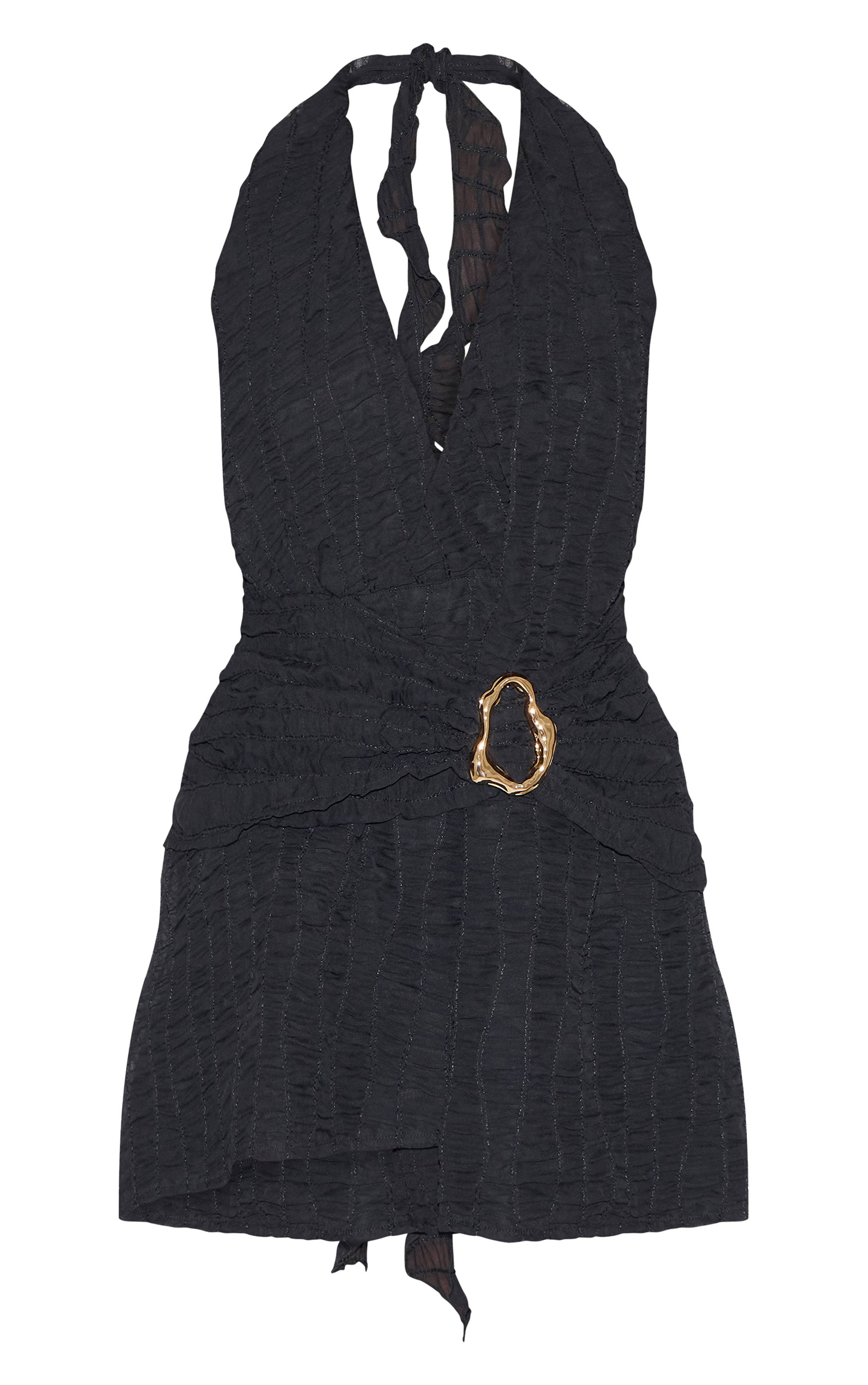 Noir Robe Droite Texturée À Col En V Avec Ceinture