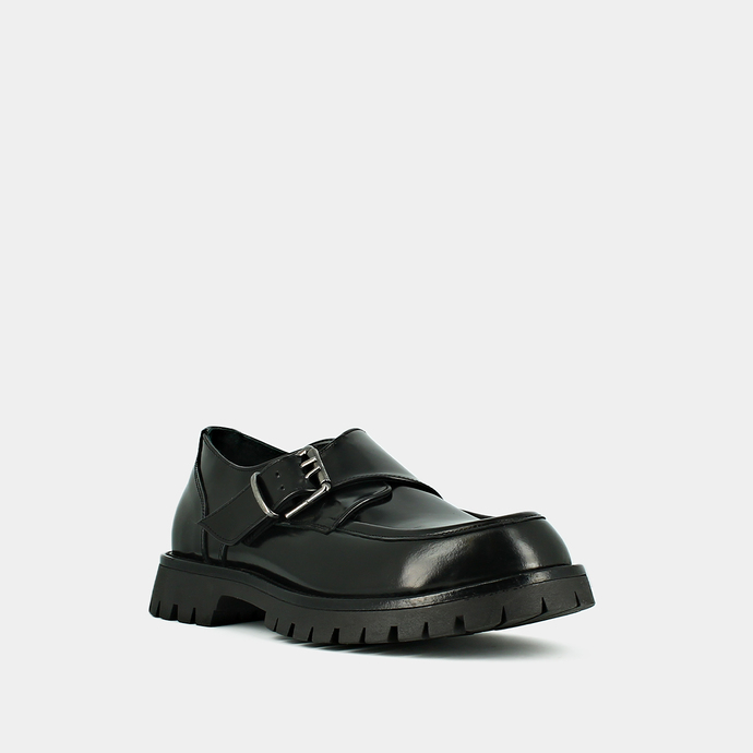 Derbies à talons plats, boucles et coutu...  en cuir glacé noir