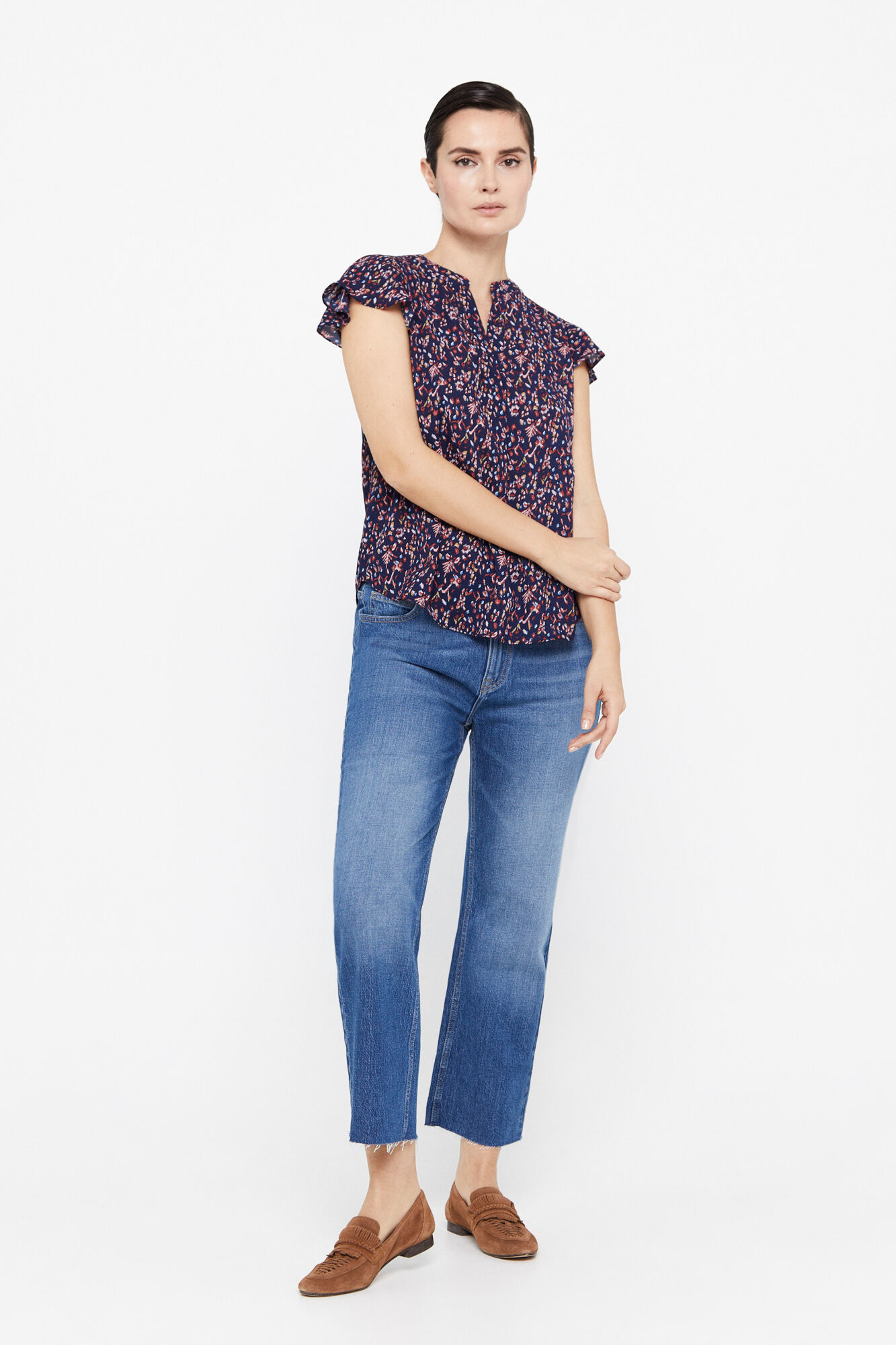 Blusa com mangas franzidas - Azul marinho