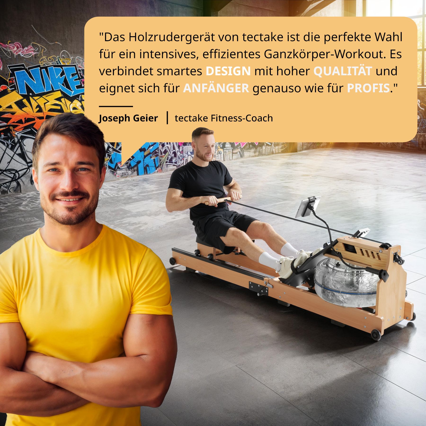 tectake® Holzrudergerät, aus massiver Buche, klappbar, Belastbarkeit 150 kg, inkl. Tablethalterung sowie Trainingscomputer mit Bluetooth und Brustgurt