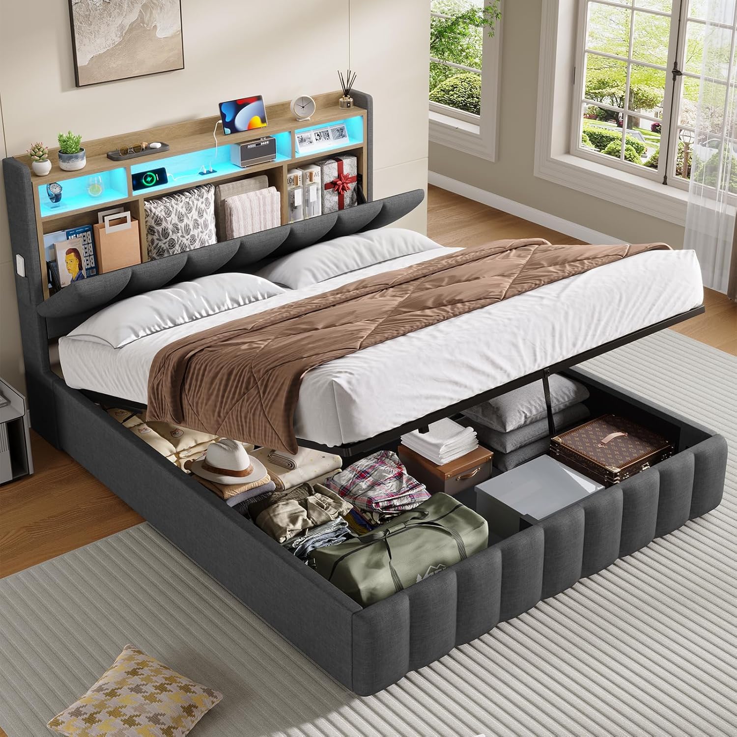 Bett mit LED Beleuchtung, Hydraulisches Bett 140 x 200 cm, Polsterbett, Regalkopfteil mit Stauraum, Bettgestell mit Lattenrost, bequem, für Schlafzimmer, Gästezimmer, Leinenstoff grau