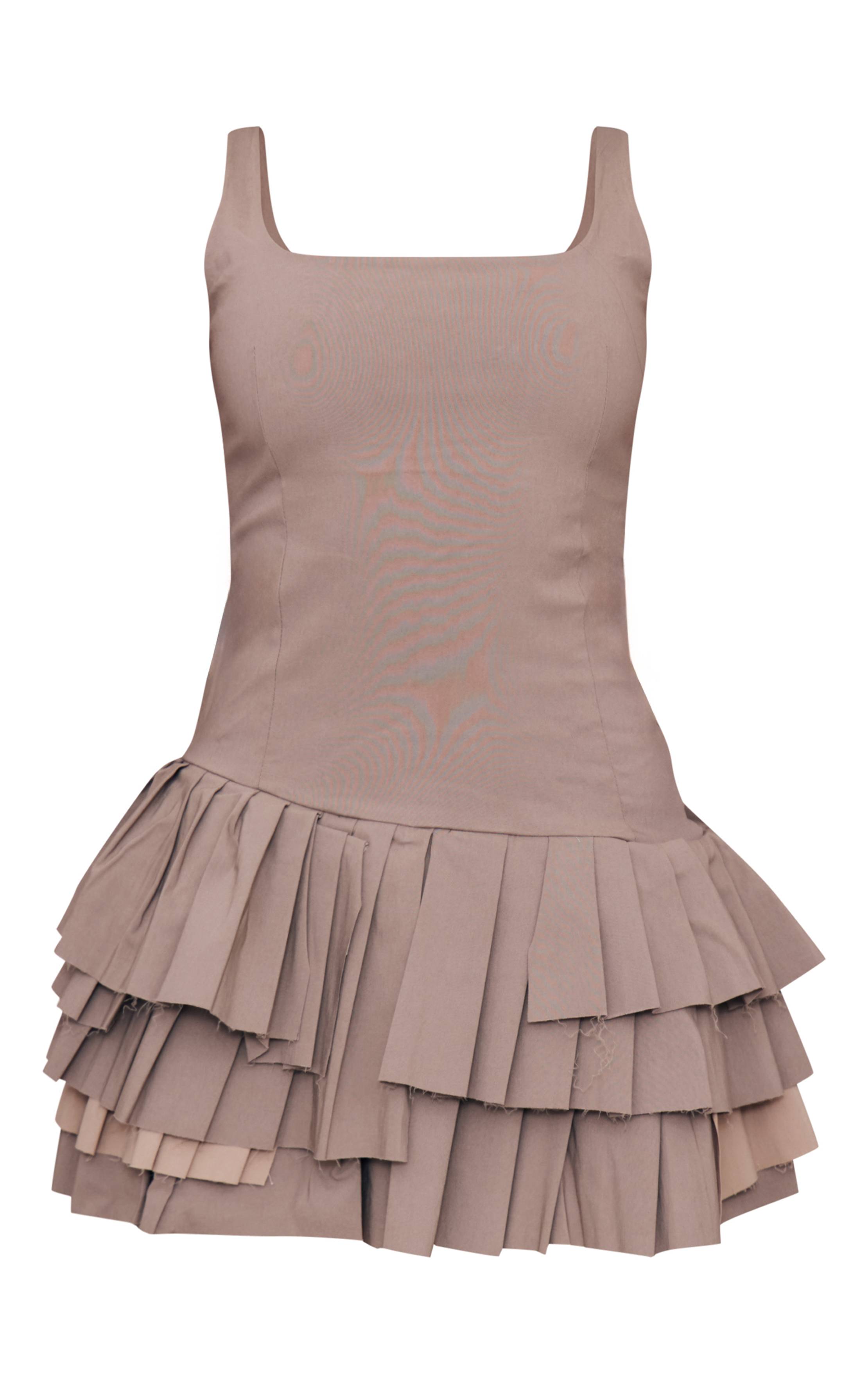 Taupe Robe Droite Plissée Extrême En Tissu Extensible