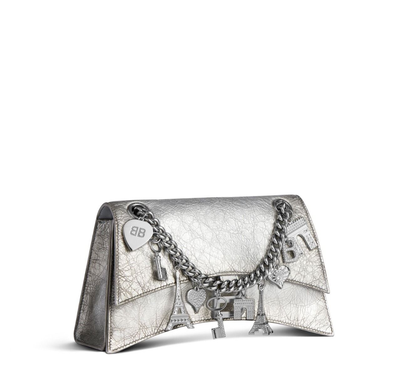 Balenciaga Crush Small Chain Bag Dirty Effect With Souvenirs And Rhinestones In Silver