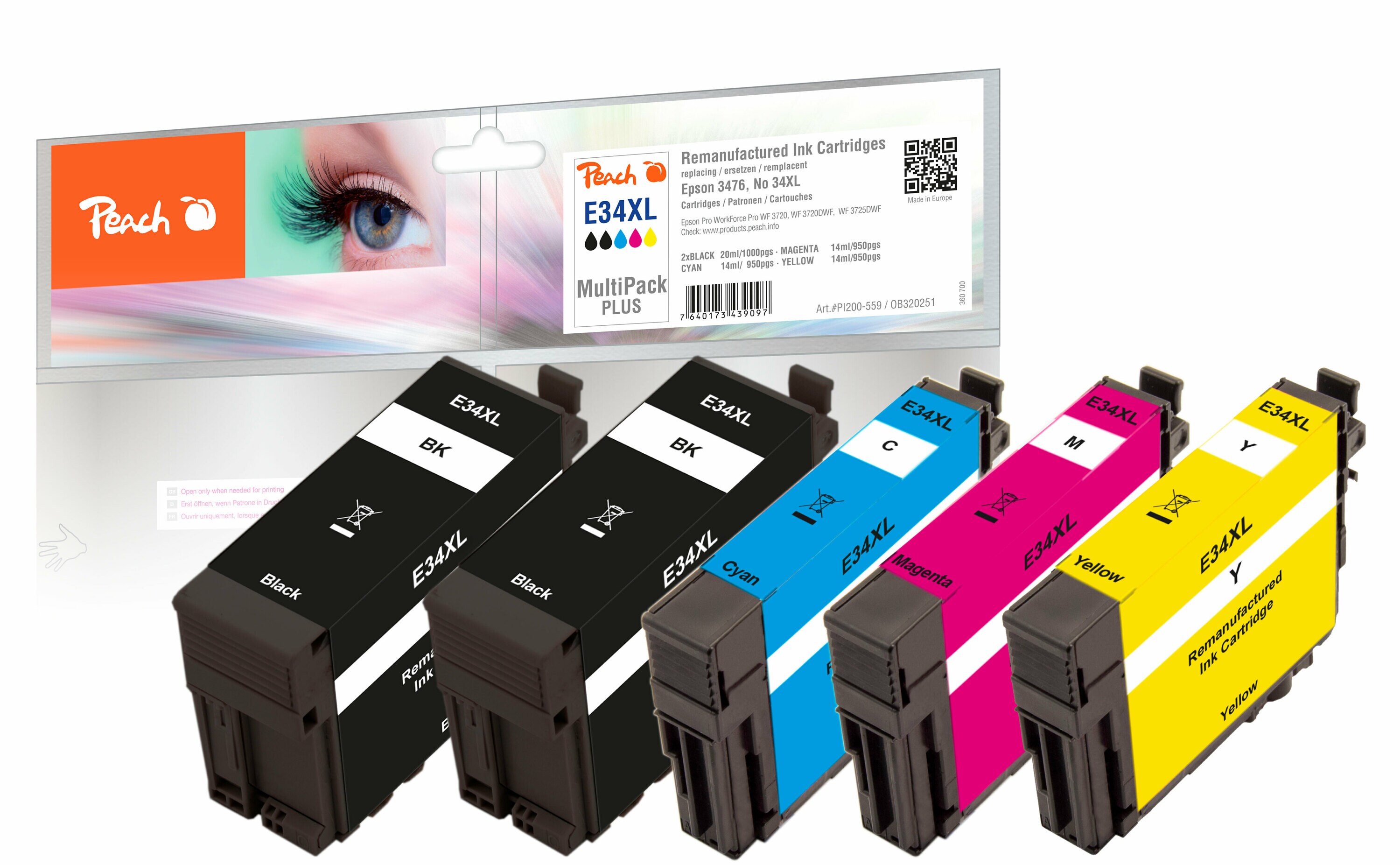 Peach E34 XL 5 Druckerpatronen XL (2*bk, c/m/y) ersetzt Epson No. 34XL, T3471*2, T3472, T3473, T3474 für z.B. Epson WorkForce Pro WF -3700 (wiederaufbereitet)