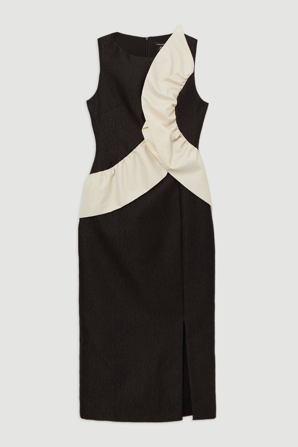 KarenMillen Robe maxi texturée, ajustée, en taffetas contrasté avec volant pour petites tailles.