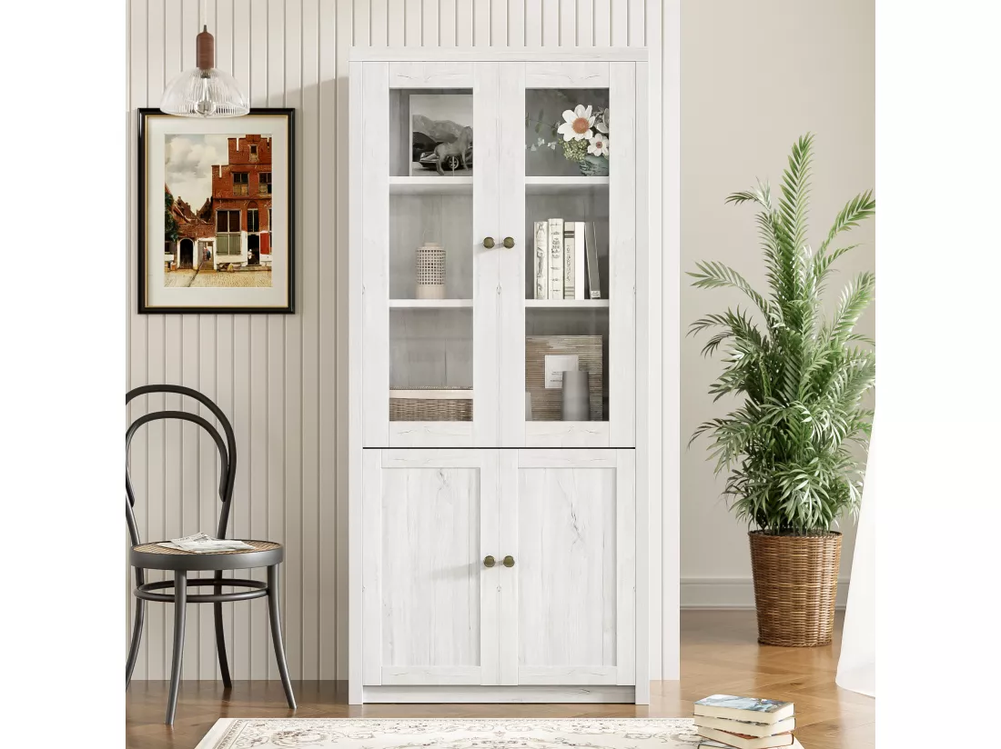 Armoire haute moderne 80x34x171 cm - avec 2 portes vitrées - 2 portes en bois - blanc
