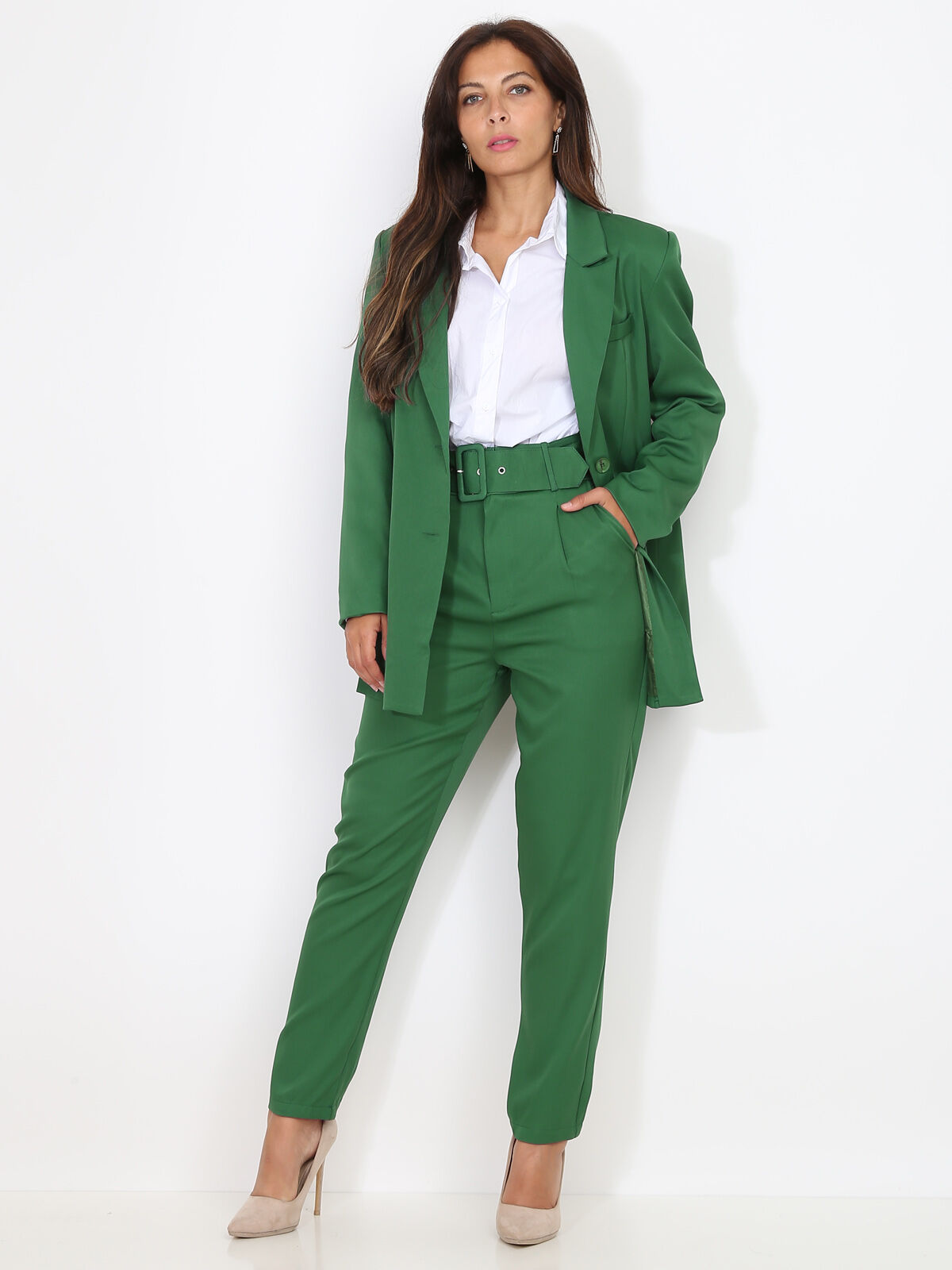 Blazer droit à ceinture amovible- Vert