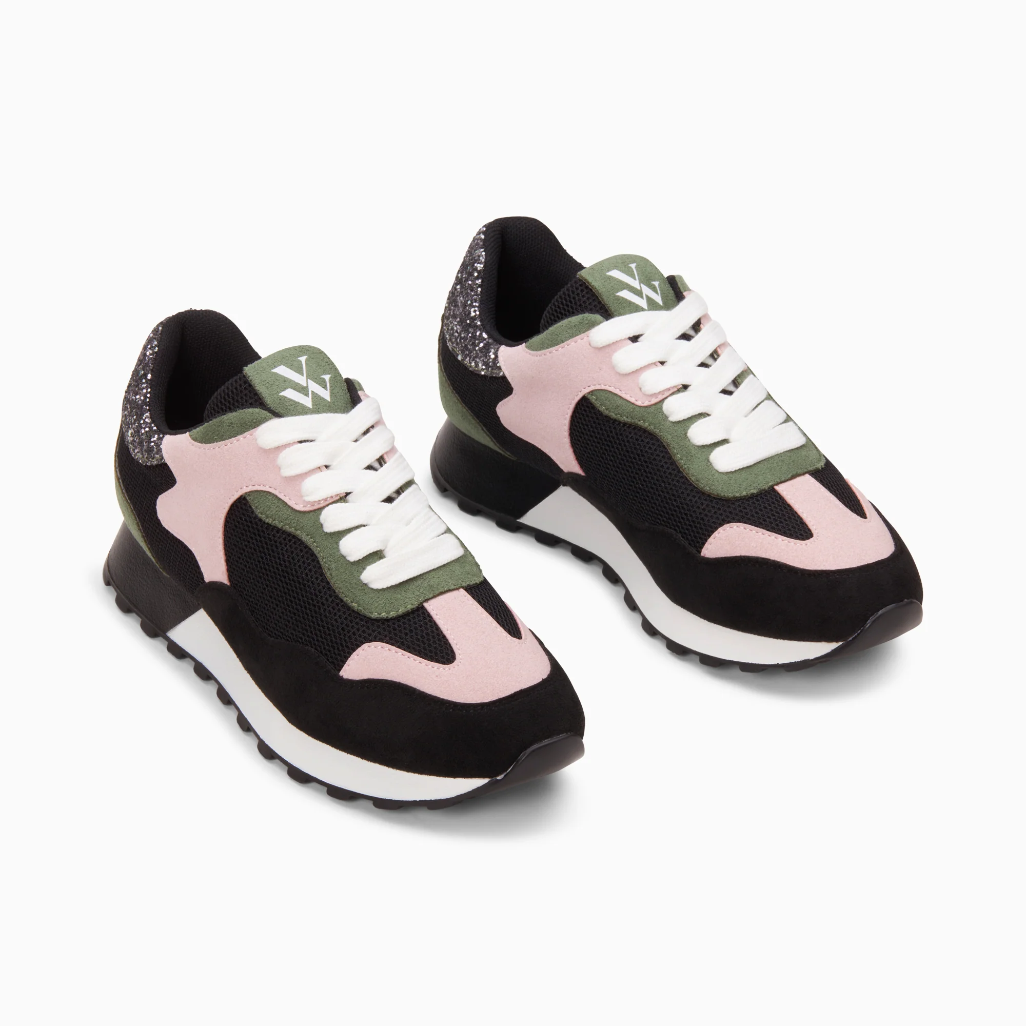 Sneakers-Baskets Kate noir, kaki et rose à semelle running
