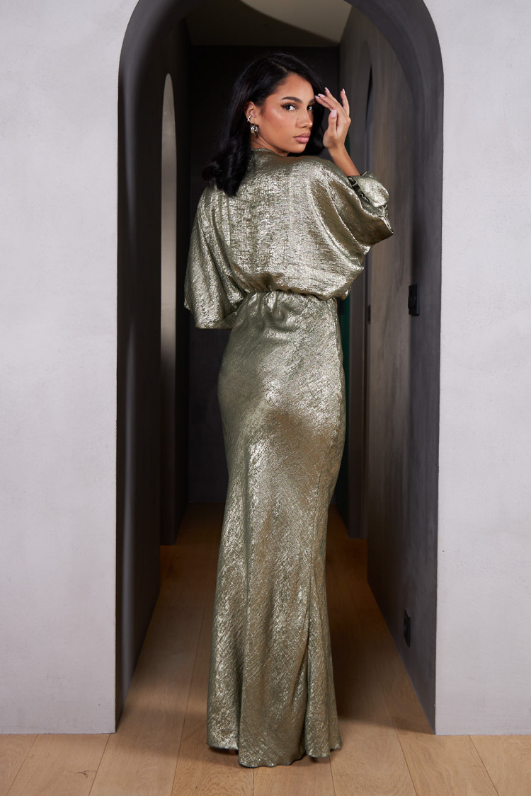 Robe de soirée longue kaki scintillante à décolleté