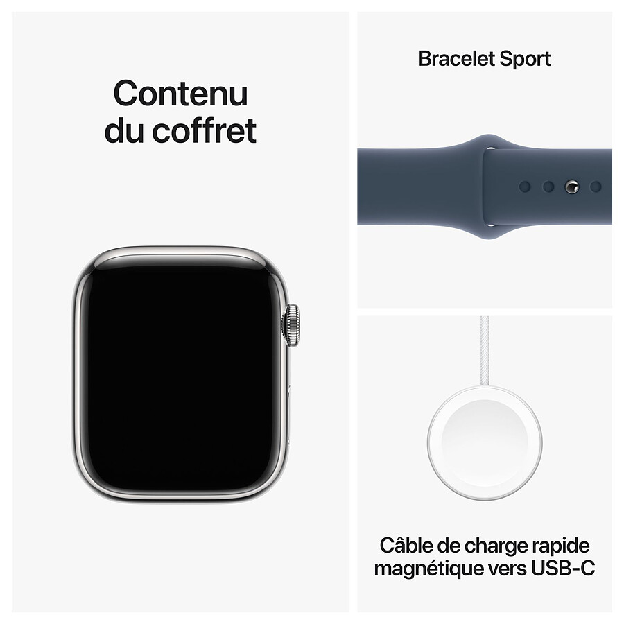 Apple Watch Series 9 GPS + Cellular - Acier Inoxydable Argent - Bracelet Sport Band Bleu - 41 mm - Taille M/L