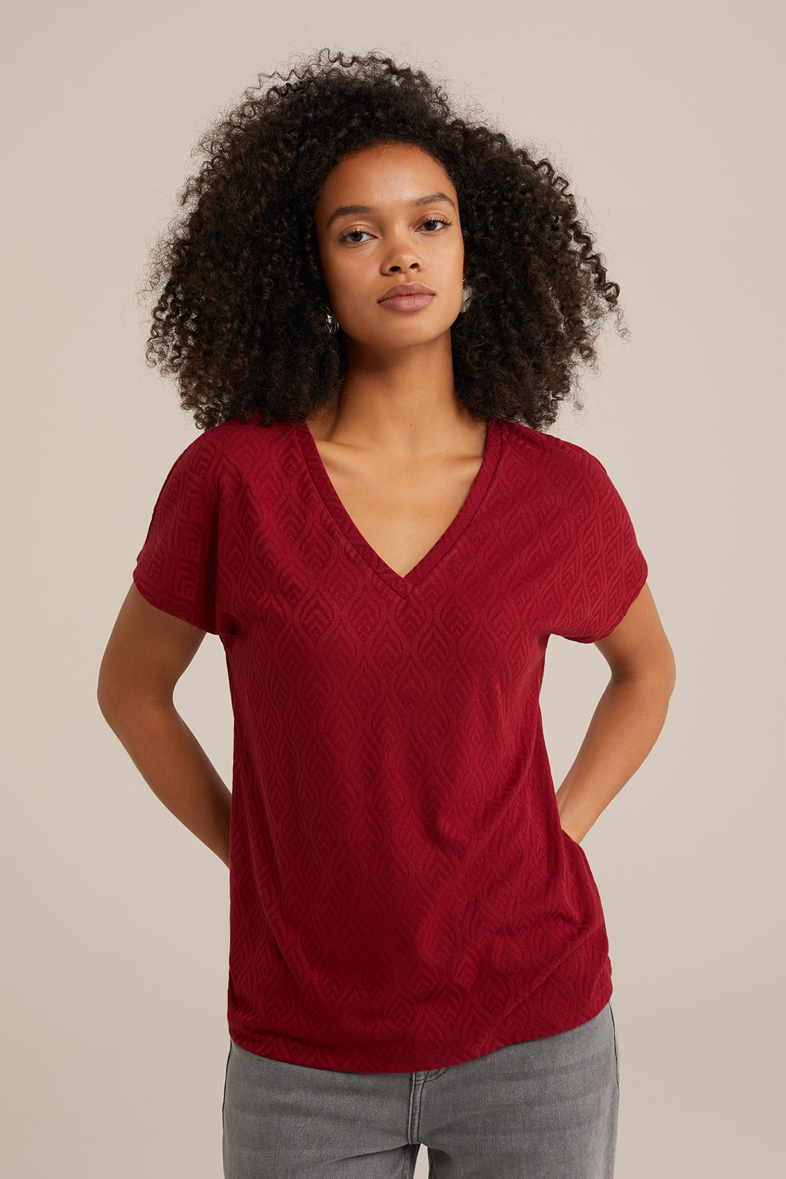 T-shirt met jacquard-dessin WE Fashion Donkerrood
