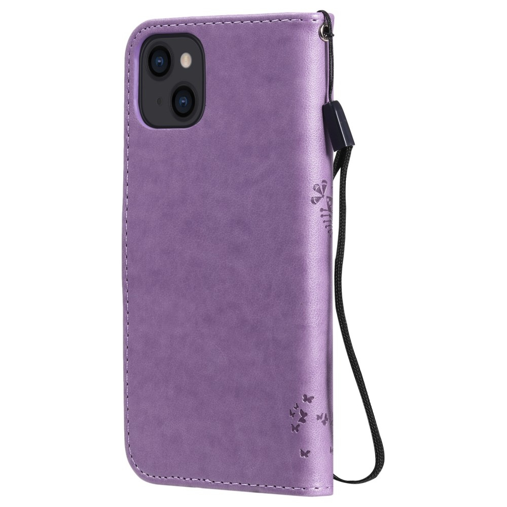 iPhone 14 Leder Tasche Flip Cover Baum Imprint - Lila