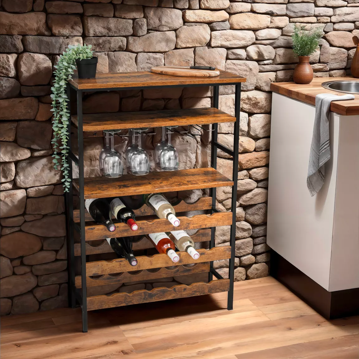 Meuble range-bouteilles industriel 18 emplacements et porte-verres (H100 cm) Hugo Marron