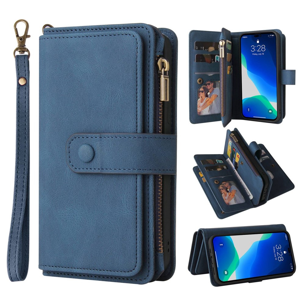 iPhone 14 Pro Leder Wallet Etui Tasche mit 13 Kartenfächern   Münzfach - Blau