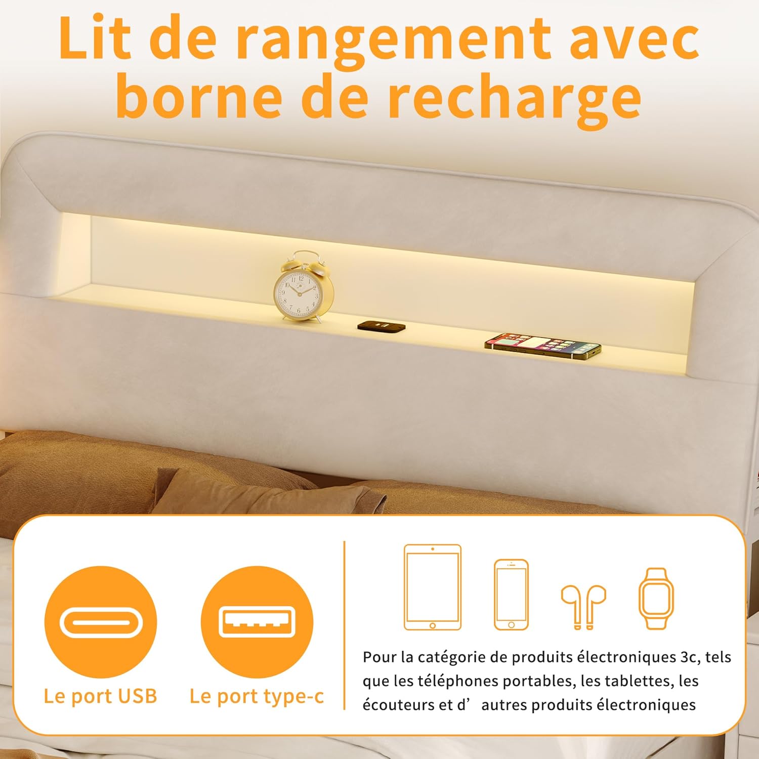 DULRLLY Bett 140x200 cm mit Stauraum, Polsterbett Doppelbett mit Schubladen, Kopfteil mit LED und USB-Anschlüssen,Jugendbett Stauraumbetten für Erwachsene und Jugendliche, Ohne Matratz