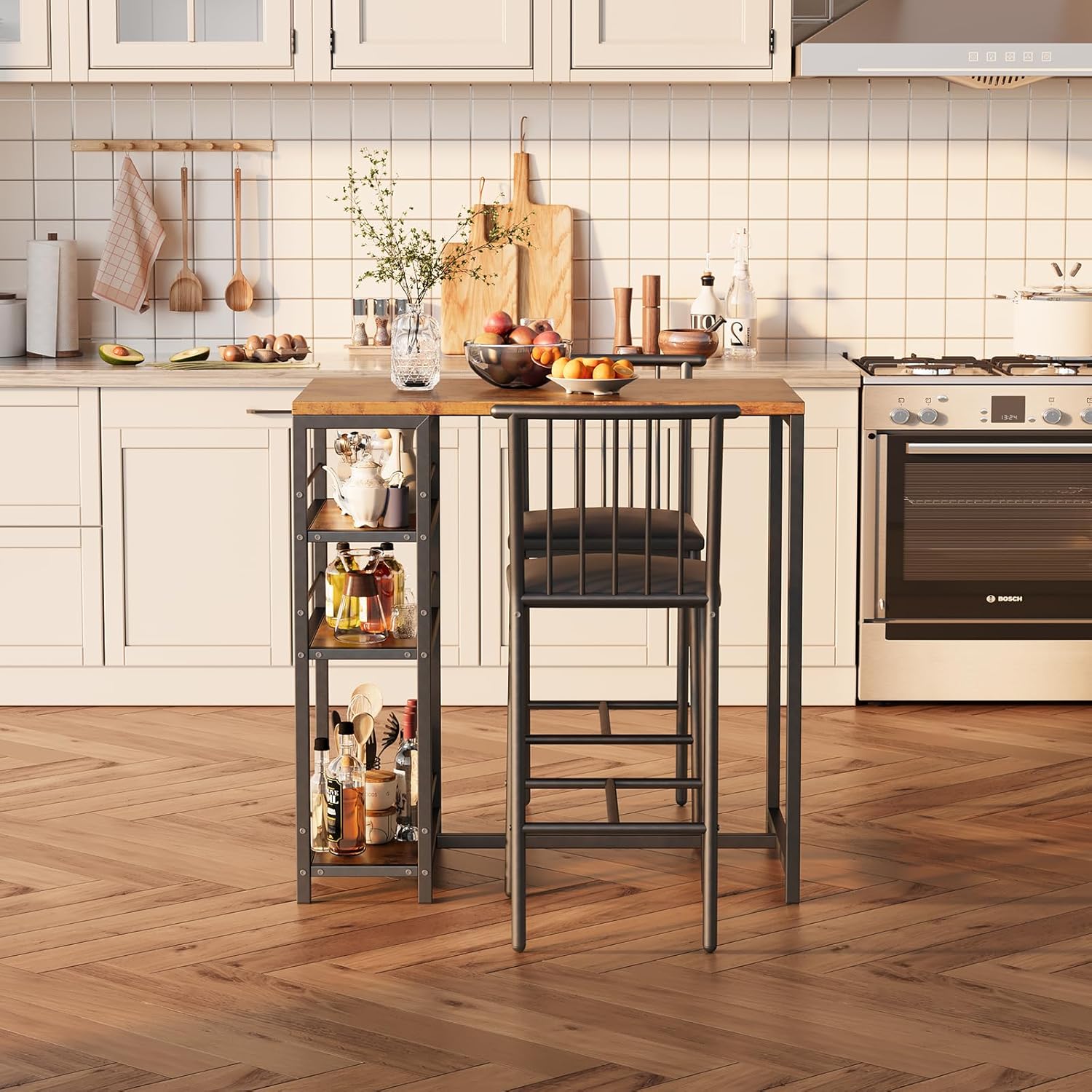 Xbro Bartisch Set 3-teilig, Küchentisch mit Stühlen für Küche, Esszimmer, Bistro, etc. Esstisch und 2 Stühle mit Rückenlehne und Polsterung(Braun)