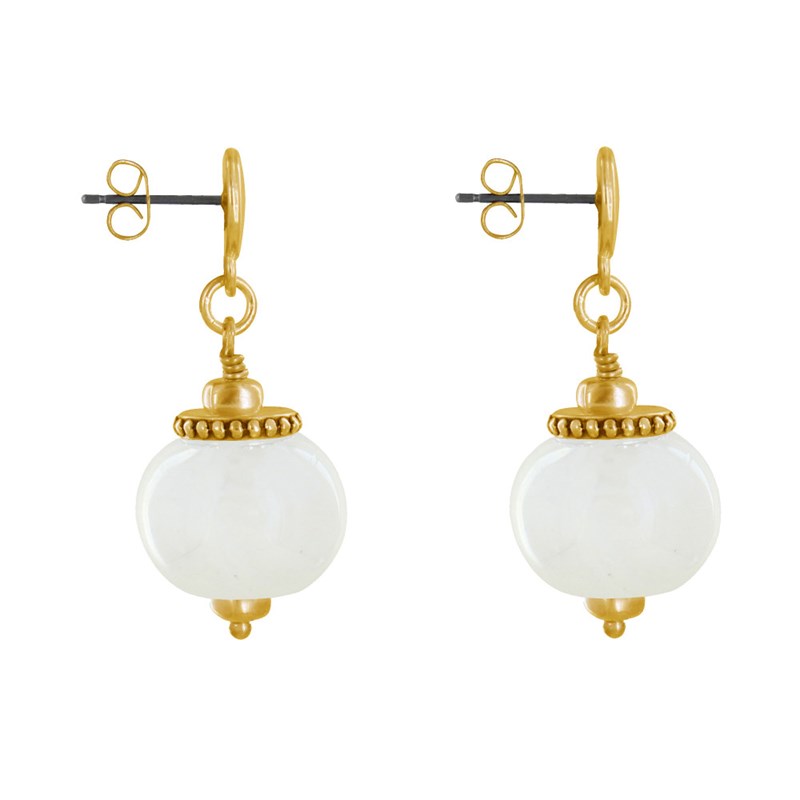 Boucles d'Oreilles Clous Métal Doré et Grosses Perles en Céramique