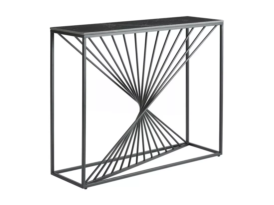 DOMUS - Console Plateau Céramique Marbré Noir Pieds Métal Noir