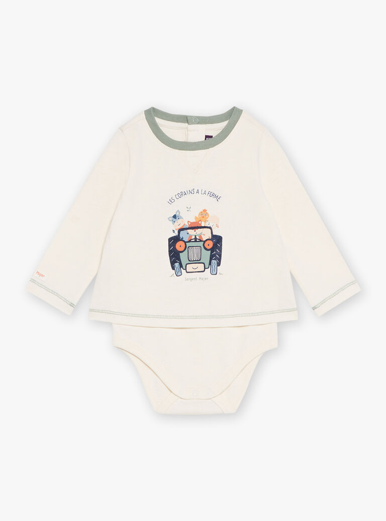 Body-T-shirt vanille à manches longues à motif tracteur et animaux