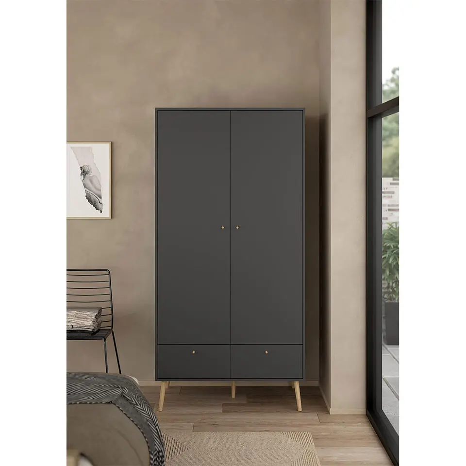 Hioshop Bodo kledingkast 200x99x58cm- 2 deuren- 2 lades matgrijs