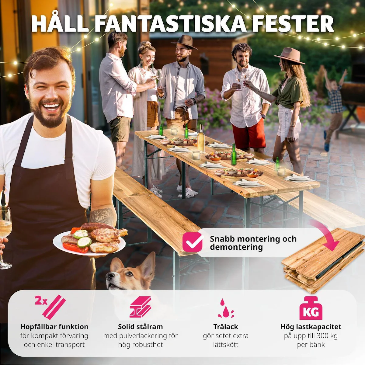Piknikbord med 2 benker sammenleggbar 219 cm - brun