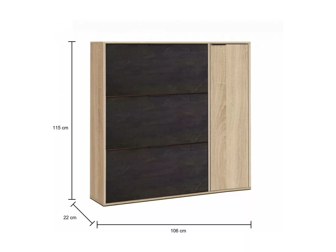Étagère à chaussures Dmagnino, armoire à chaussures 4 portes, armoire basse polyvalente avec 5 étagères, étagère à chaussures moderne, 106x22h115 cm, chêne et noir