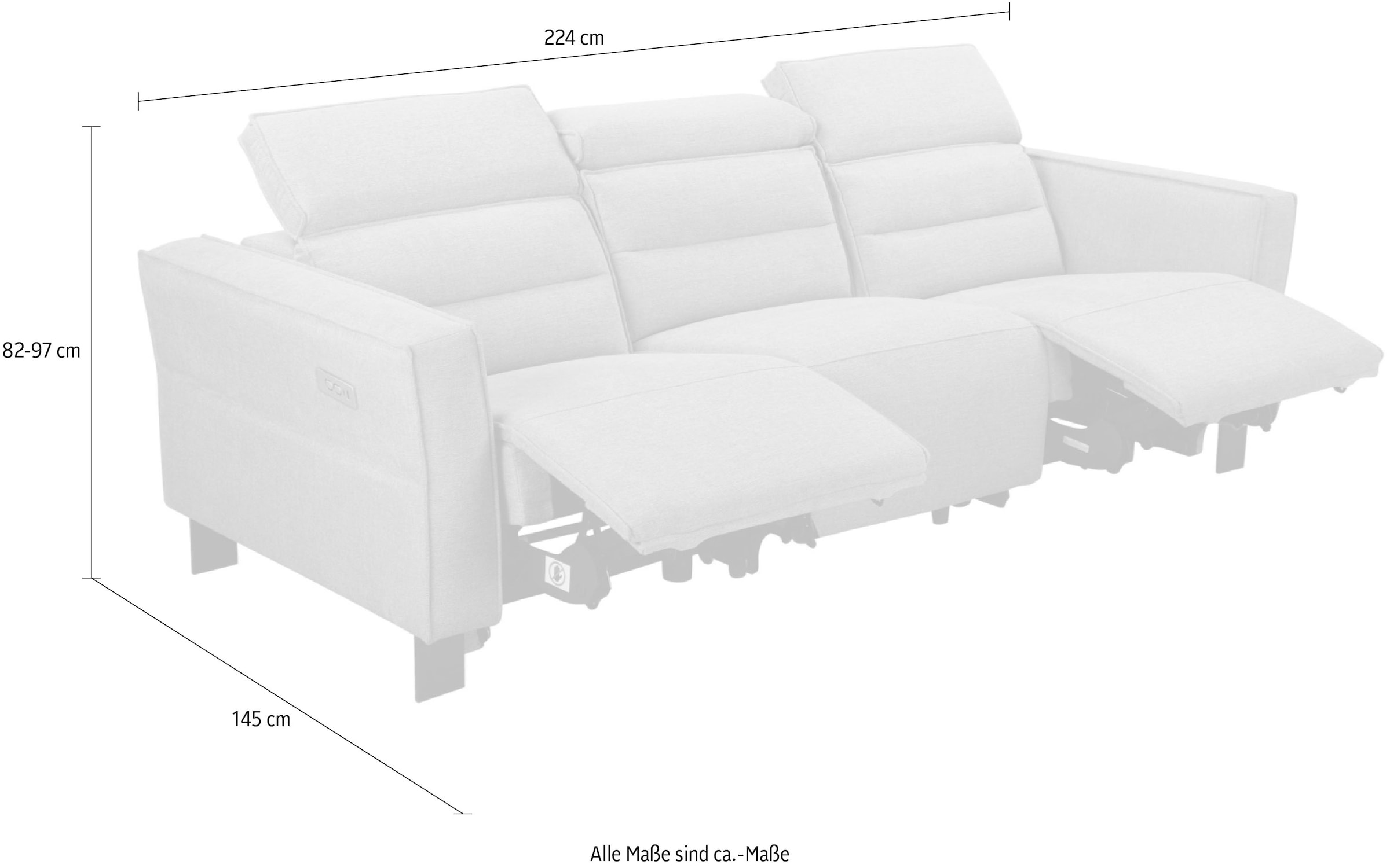 Home affaire 3-Sitzer »Carpari, 224cm, manuelle od. elektrische Relaxfunktion in 2 Sitzen« mit USB-A/C, Kopfteilverstellung, Echtleder, Kunstleder, Webstoff