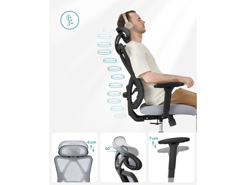 Songmics Bürostuhl mit Netzrücken, Kopfstütze und Armlehnen Ergonomischer Schreibtischstuhl