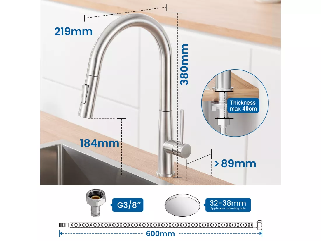 AURALUM MAX Robinet de Cuisine,Mitigeur d'Évier Inox avec Douchette Extractible,2 Modes Jets Eau Froide/Chaude Rotatif à 360°,Bec en Forme de U,Brossé