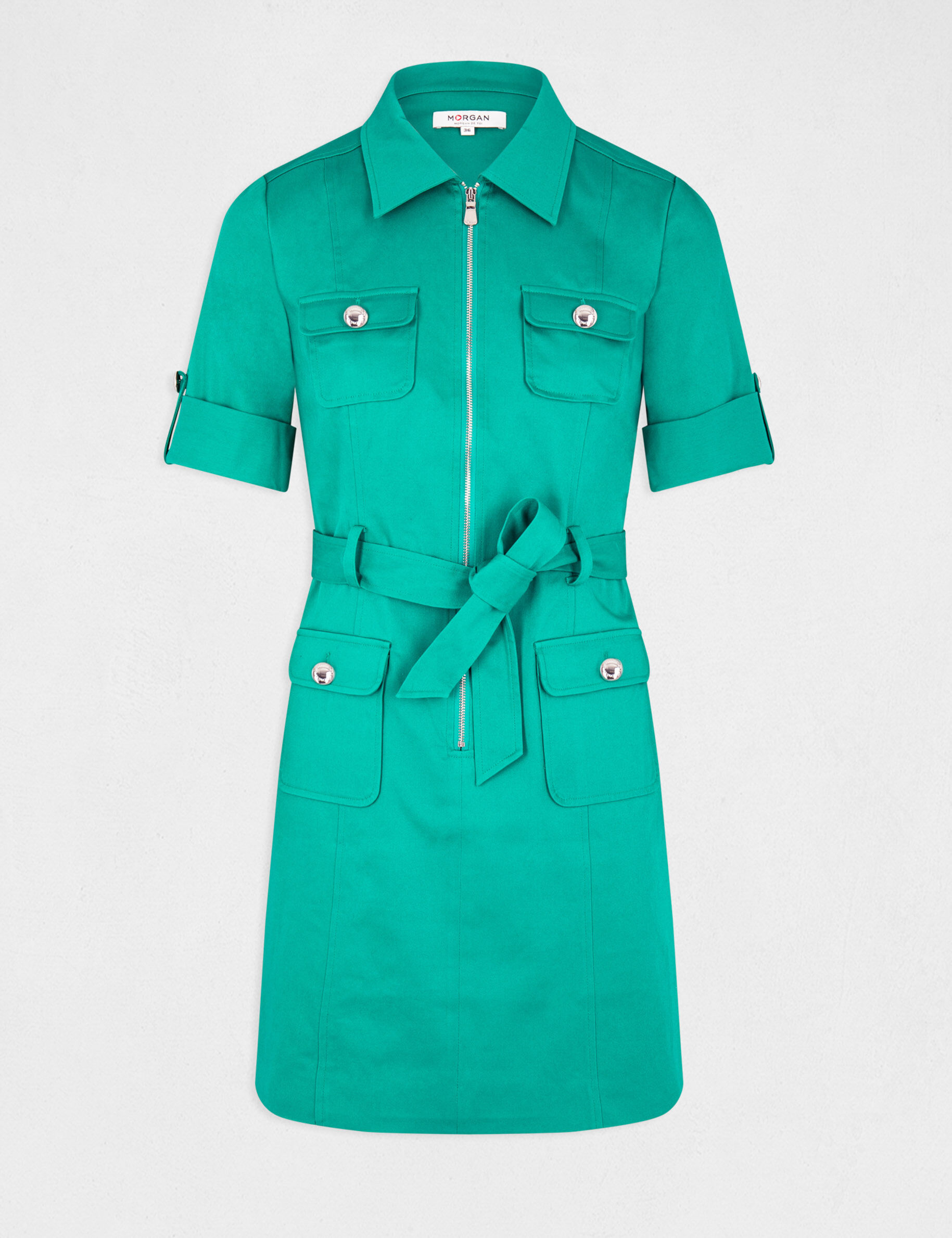 Robe droite manches courtes ceinturée vert moyen femme - vert_moyen