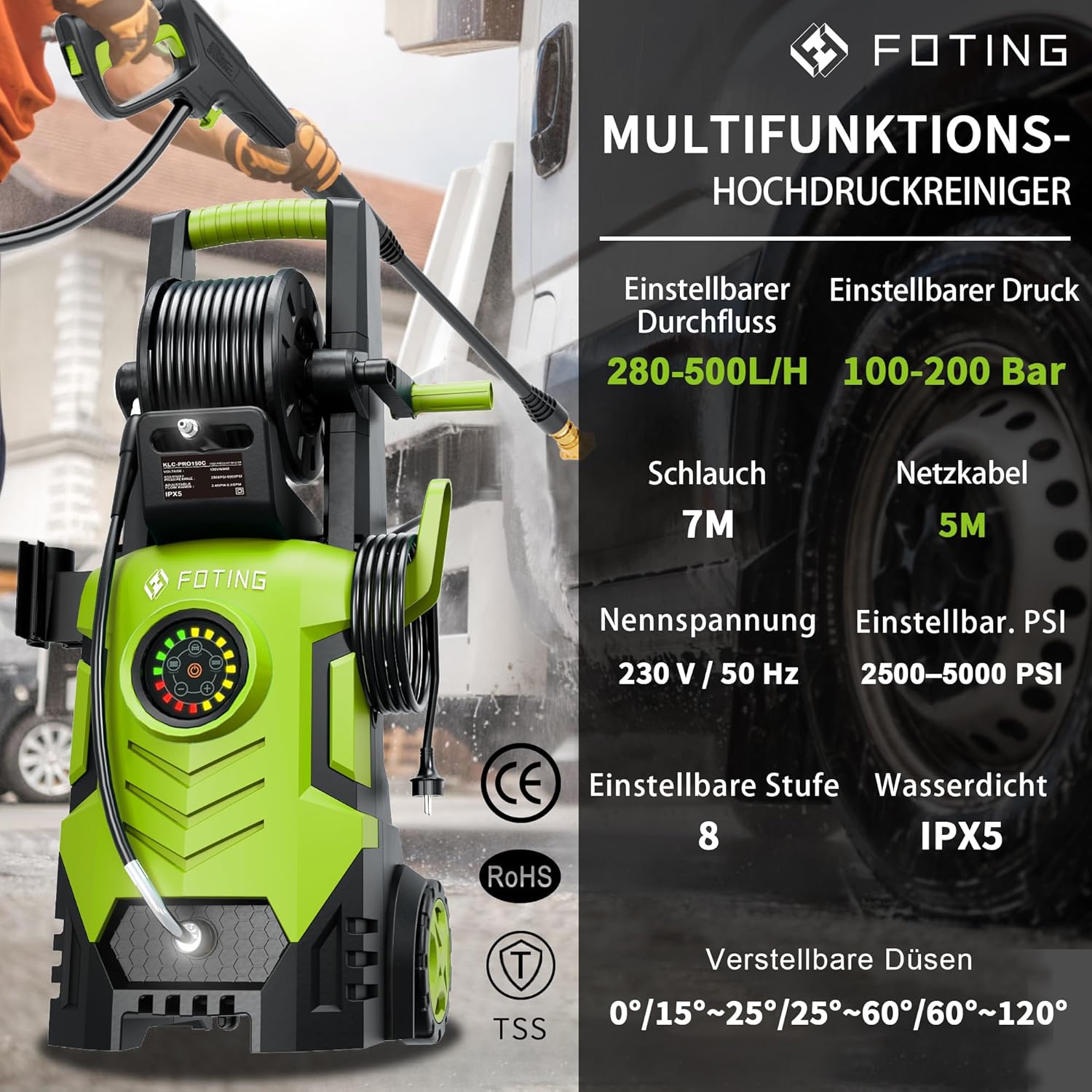 Hochdruckreiniger 8-stufiger Touchscreen, 6-in-1-Düse, Druck: 100-200bar, Fördermenge: 280-500l/h, Flächenleistung: 60m²/h, Wassersparend, mit Schaumkanone und Schlauchtrommel, Autos und Einfahrten