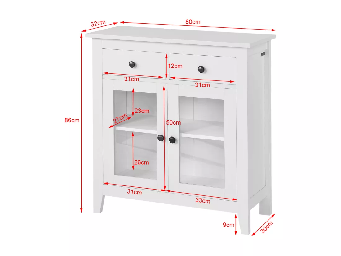 Buffet Commode Armoire de Rangement - Largeur 80cm - 2 tiroirs 2 portes- Coloris Blanc, FSB05-W