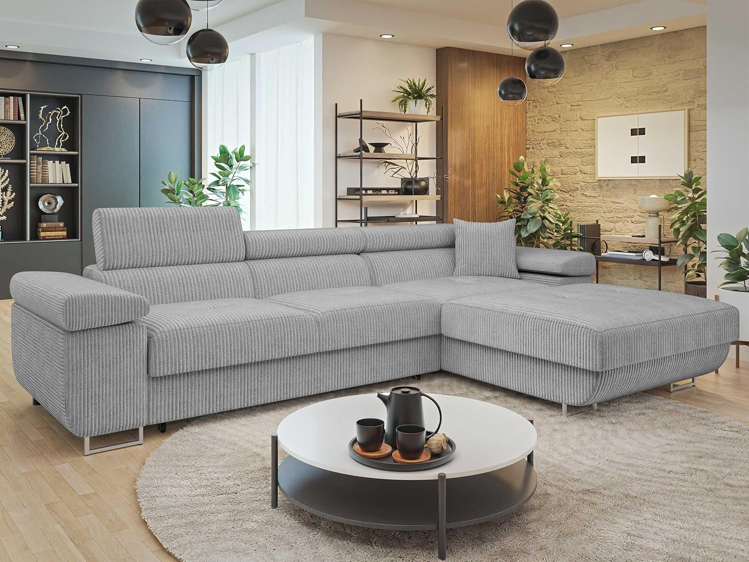 Mirjan24 Ecksofa Torezio Mini Cord mit Bettkasten, Einstellbare Kopfstützen, Bequeme Polsterung, Eckcouch mit Schlaffunktion für Wohnzimmer, L-Form Couch (Poso 110, Seite: Rechts)