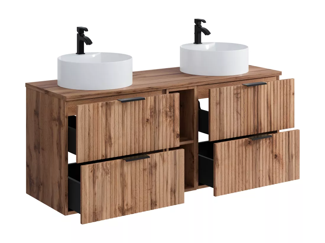 Meuble de salle de bain suspendu strié avec niches et double vasque à poser carrée - Naturel clair - L140 cm - ZEVARA