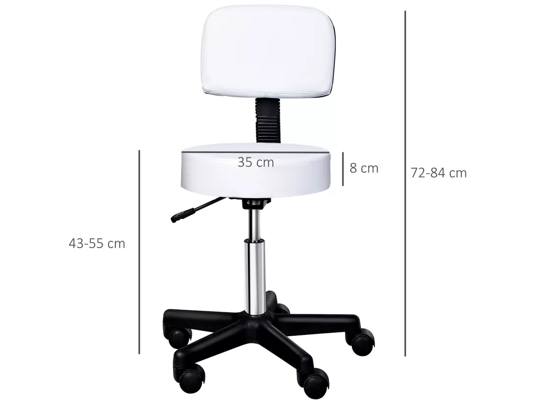 Tabouret massage à roulettes réglable en hauteur pivotant avec dossier ergonomique blanc