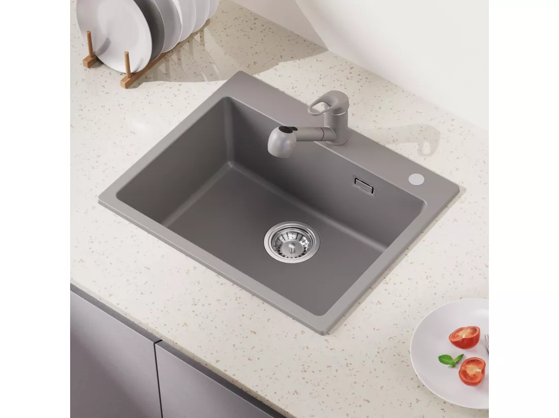 Évier Cuisine 1 Bac en Granit,55*45*20cm,Kit de Vidage,Évier Cuisine Encastré,Trous de Montage pour Robinet/Distributeur Savon,Gris,EU Modèle