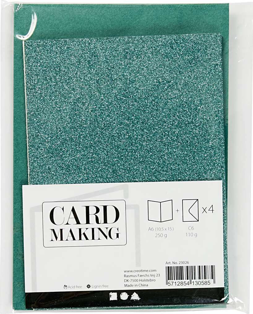 Kort Og Kuverter - Kort Str. 10,5X15 CM - Kuvert Str. 11,5X16,5 CM - Glitter - 110+250 G - Grøn - 4 Sæt