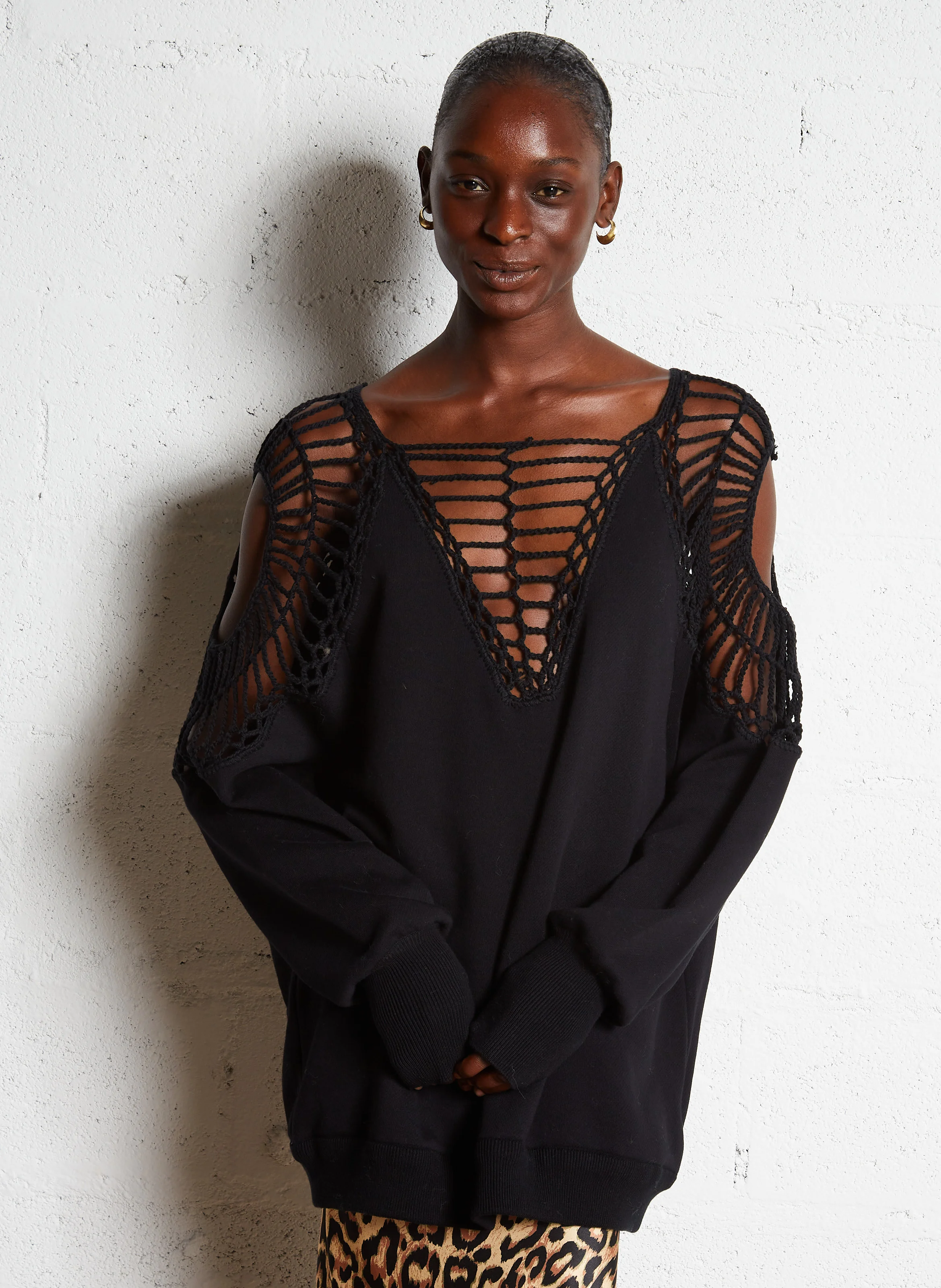 SHIHO - Sweat ample macramé en coton | Noir