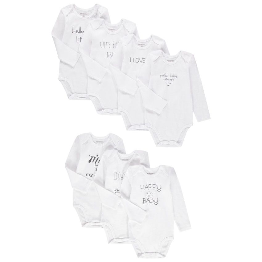 Lot de 7 bodies manches longues en coton bio à message - Blanc