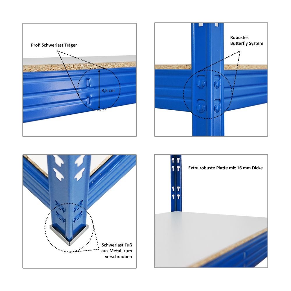 PROREGAL Mega Deal 4x Professionele Heavy-Duty Stellingkast Rhino HxBxD 180 x 160 x 60 cm 4 Melamine Planken 16mm Plank Draagvermogen 500 kg Blauw