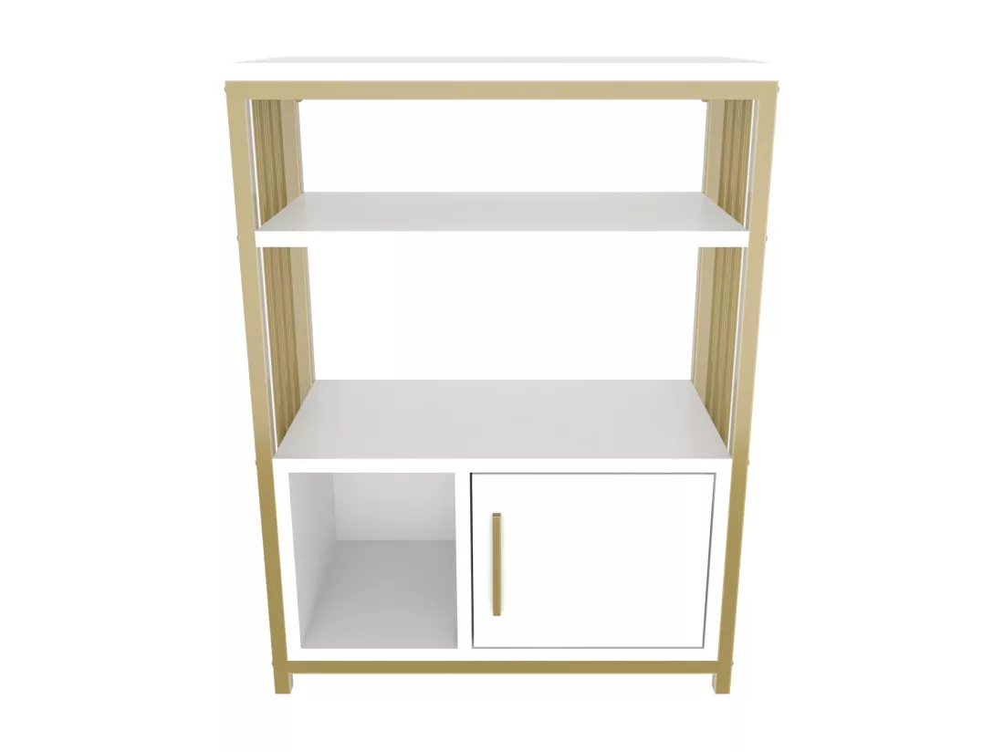 Bibliothèque Letos avec le cadre en métal et armoire, design stylistique (Blanc et Doré)