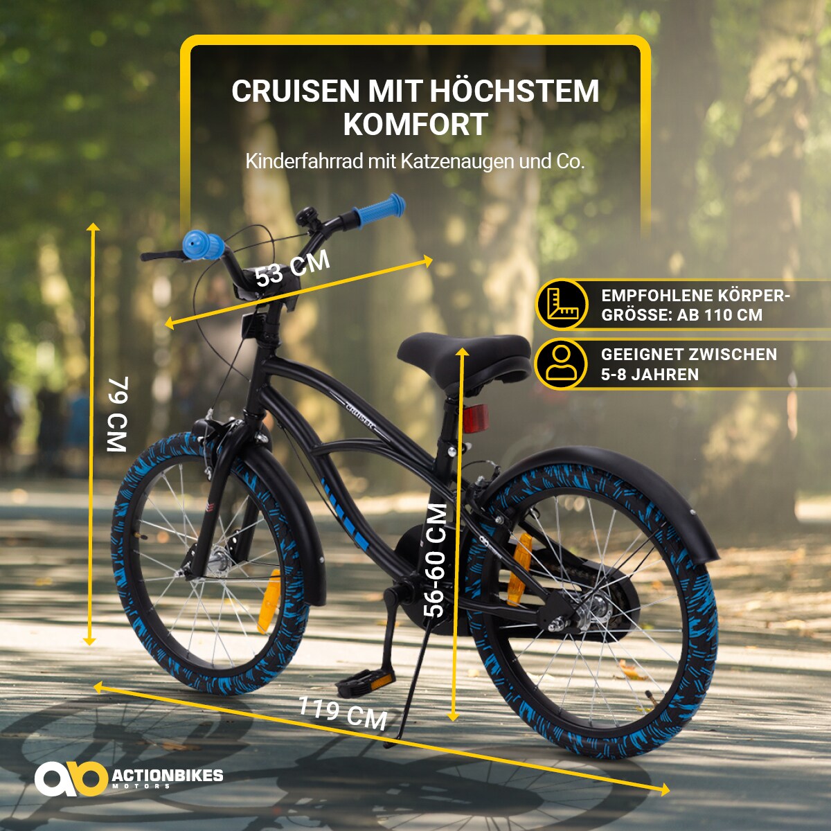 Actionbikes Kinderfahrrad Cruiser 18 Zoll, schwarz, Fahrradständer, Antirutschgriffe, Lenkerschutz (Schwarz/Blau)