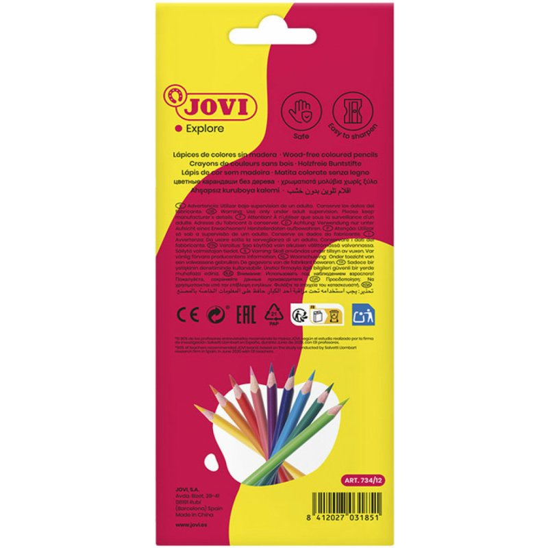 Crayon couleur jovi woodless triangulaire mine resistante  haut pouvoir couvrant inodore couleurs vives etui 12 unites
