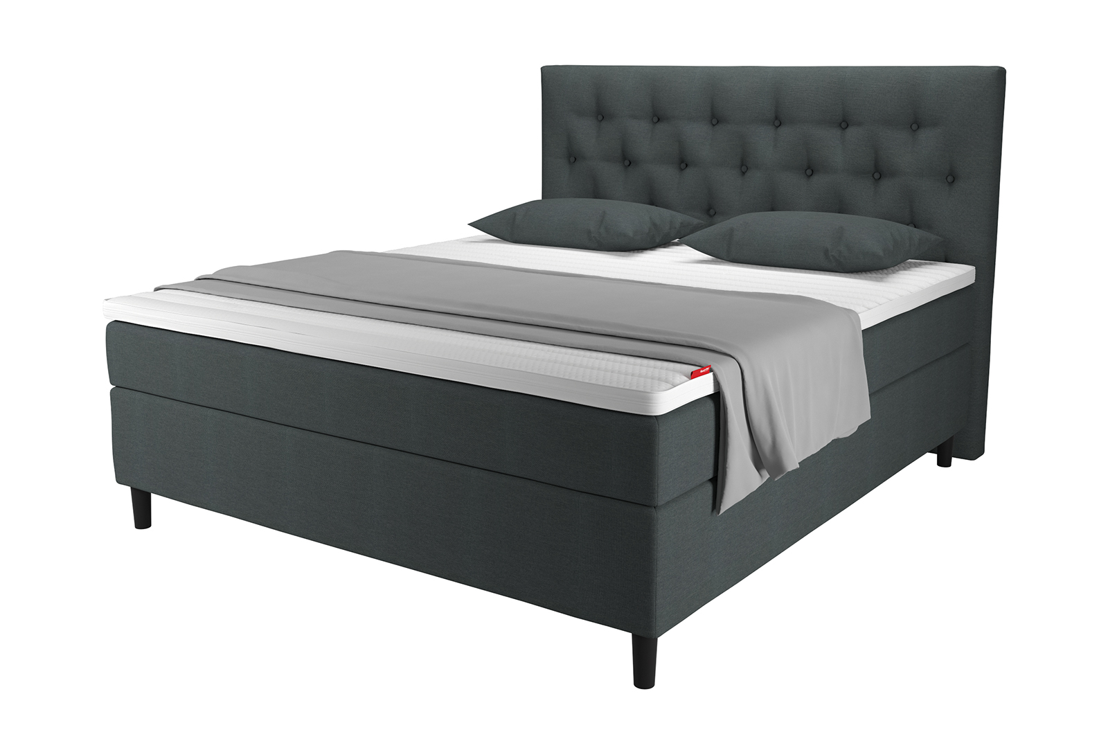 Sensitive 200 kontinentalseng Tekstil Chia 28 i 180x200 cm. Medium/Fast komfort m/Premium latex overmadrass og Round black ben 13 cm med støtteben. Uten hodegavl.