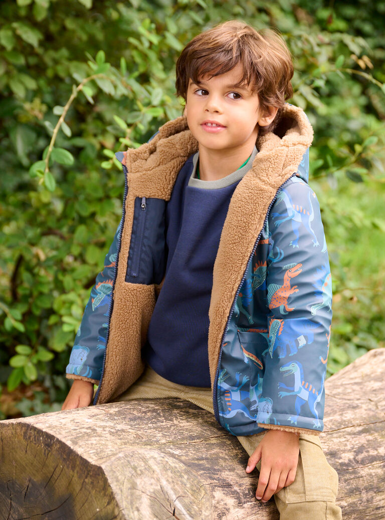 Imperméable à capuche réversible bleu nuit et camel