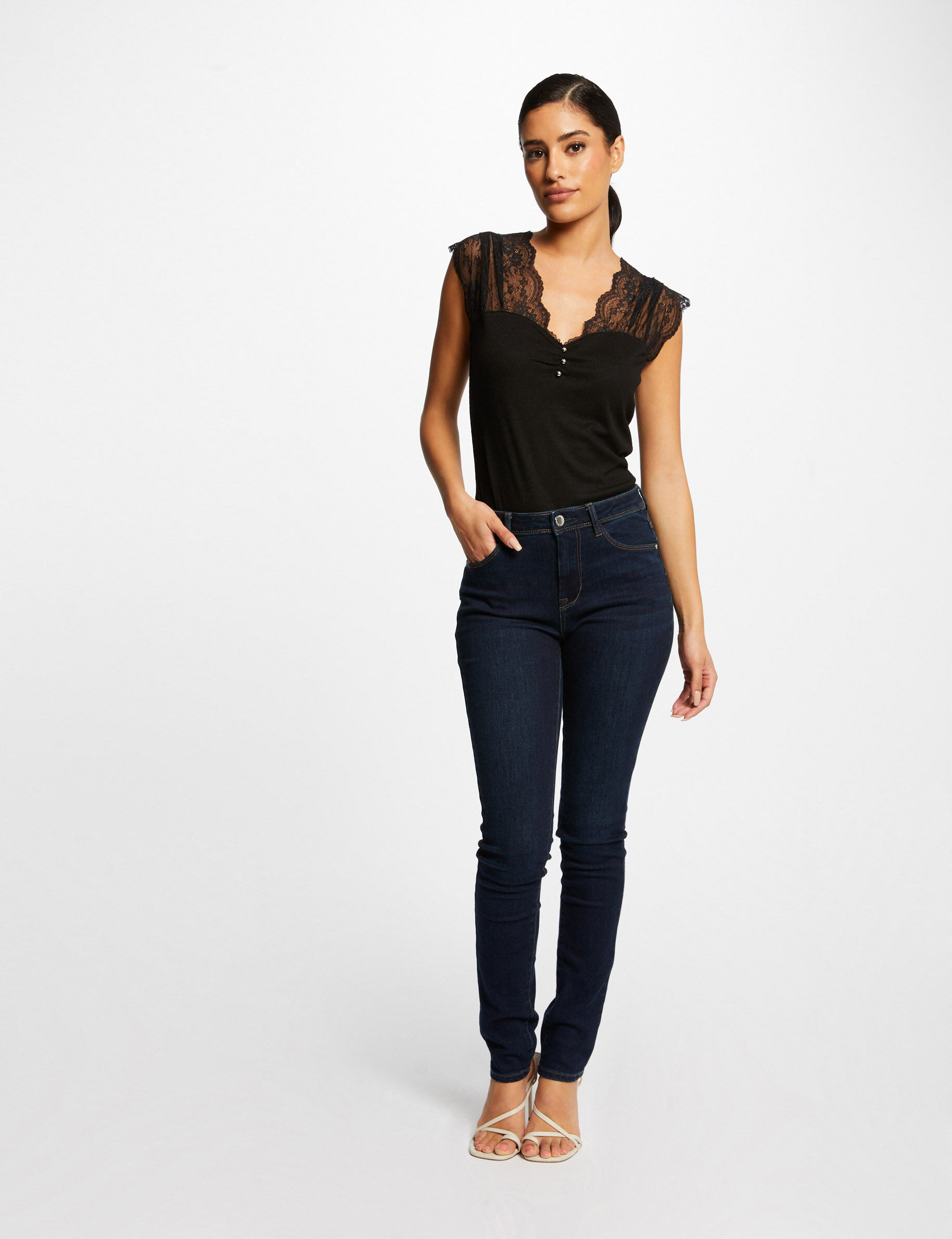 T-shirt manches courtes avec dentelle noir femme - noir